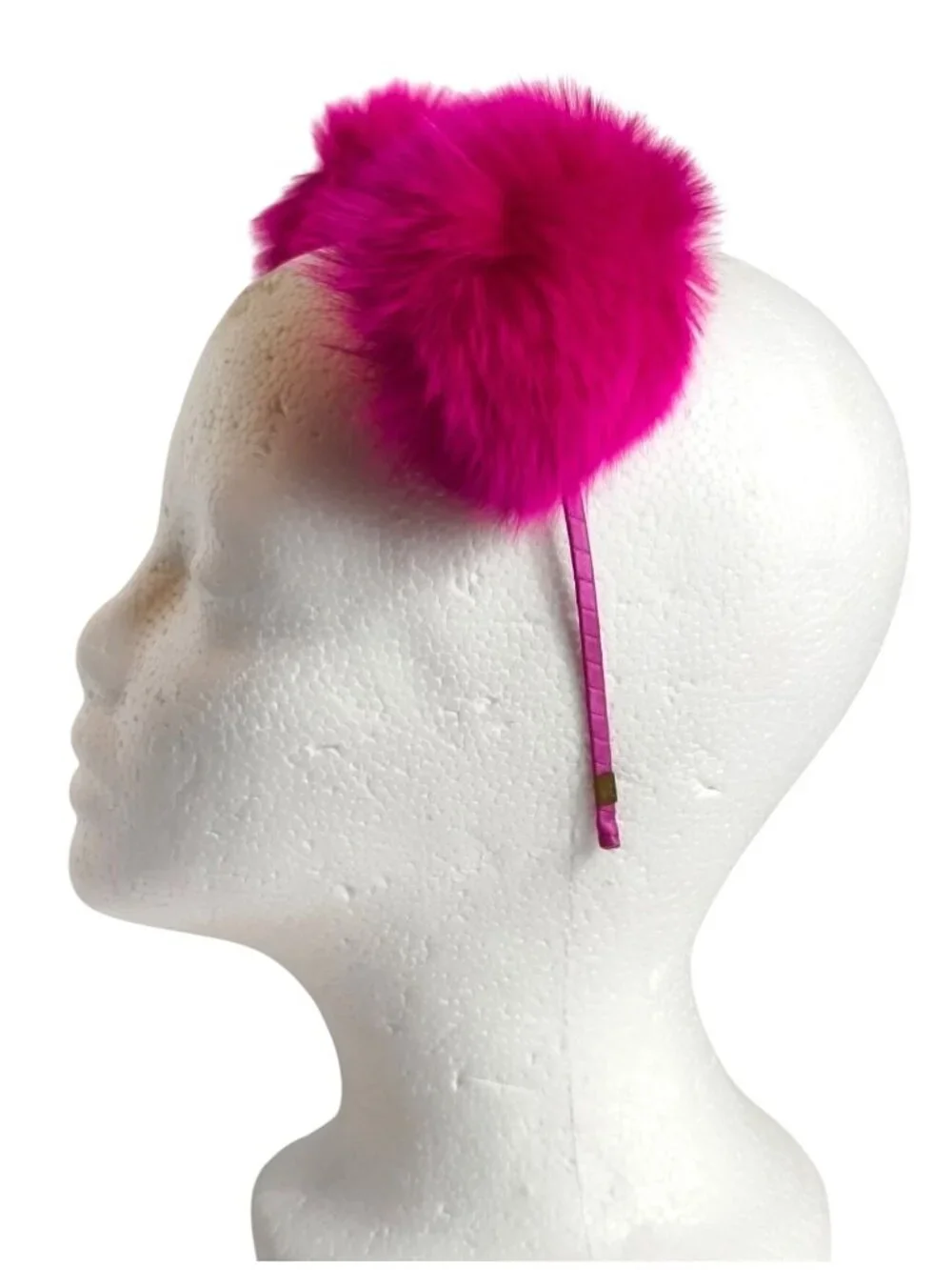 Girls Faux Fur Pom Pom Headband Fuchsia Pink Satin-Wrapped Band Fluffy Ears